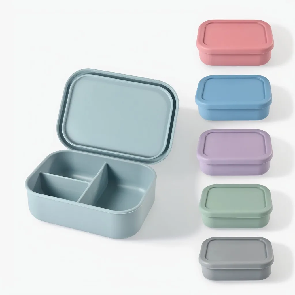 1PC square silicone three in one bento box for home and outdoor use, insulated rice bowls, food grade silicone bento box Spoon