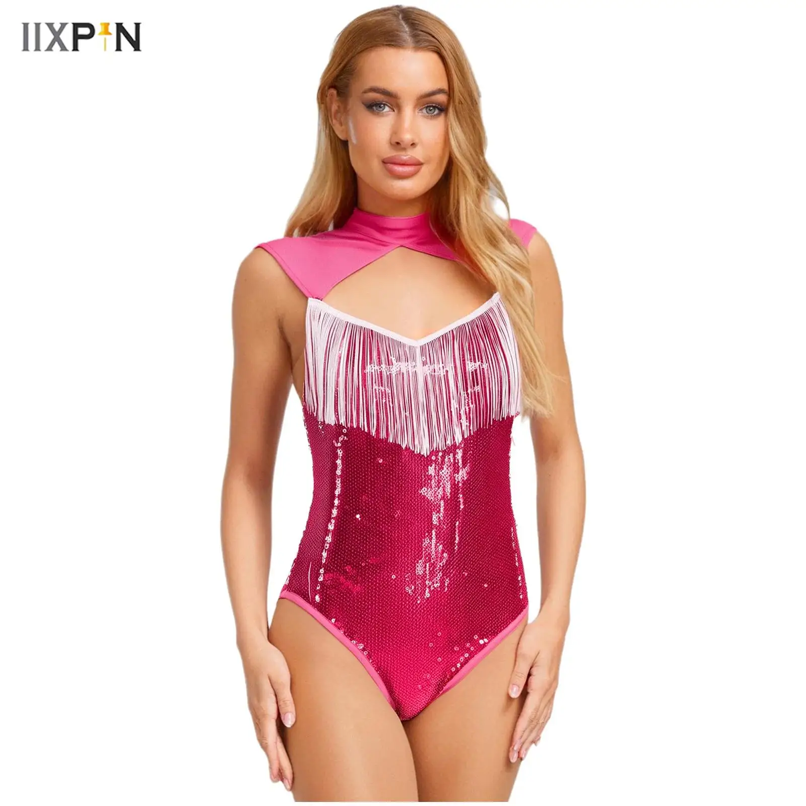 

Womens Sequin Bodysuit Jazz Latin Dancewear Hollow Out Tassel Fringe Sleeveless Leotard One Piece Jumpsuit for Club Pole Dance