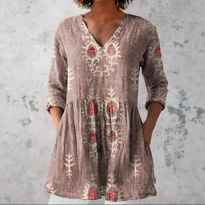 Women's Linen Blend Tunic Top V-Neck 3/4 Sleeve Smocked Waist Boho Floral Print Loose Blouse with Pockets Summer Shirt