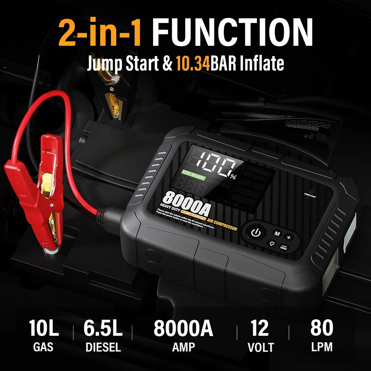 AdoreTrip 8000A All-in-One Car Jump Starter with 150PSI 10.3BAR Air Compressor, 12V Battery Booster Safe Emergency Starting Device