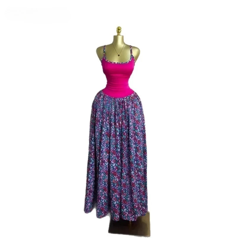 Damska Sukienka Maxi na Ramiączkach z Kwiatowym Nadrukiem i Łączonymi Wstawkami, Długa Sukienka na Lato 2025, Plażowa, Urodzinowa, Seksowna, Klubowa, Wieczorowa