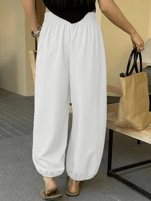 Summer Women Loose Fit Baggy Harem Pants Elastic Waist Solid Color Casual Ankle Banded Balloon Trousers With Side Pockets