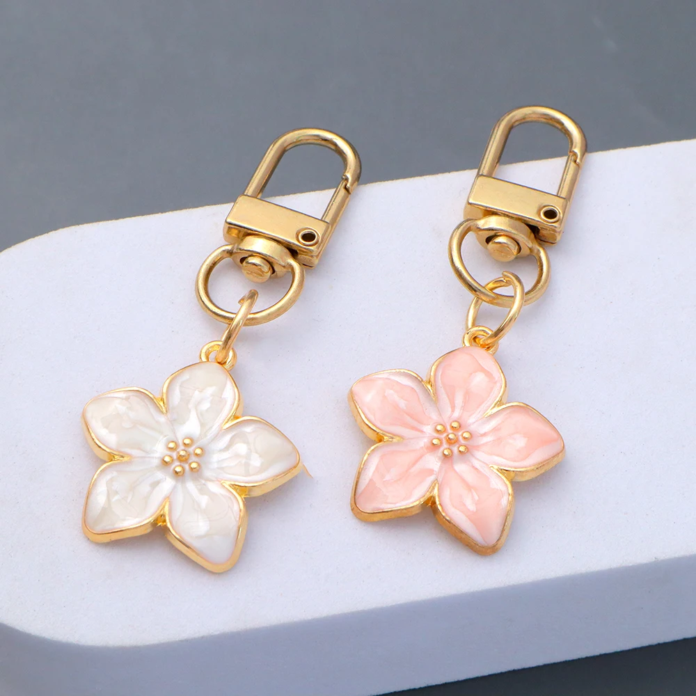 White Cherry Blossom Keychain Cute Plants Accessories Key Chain Couple Matching Keyrings Pendant For Women Girls Handbag Jewelry