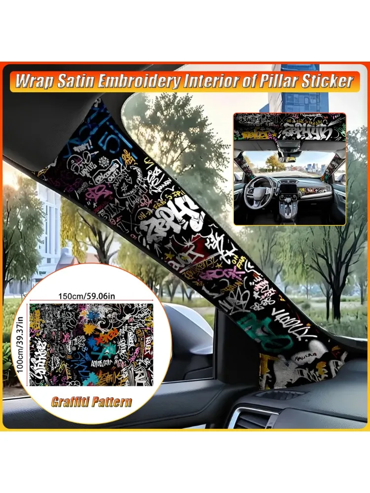 Autocollant de pilier auto-adhésif en Satin brodé, motif Graffiti pour intérieur de voiture, tissu de revêtement de tête de pilier AB général