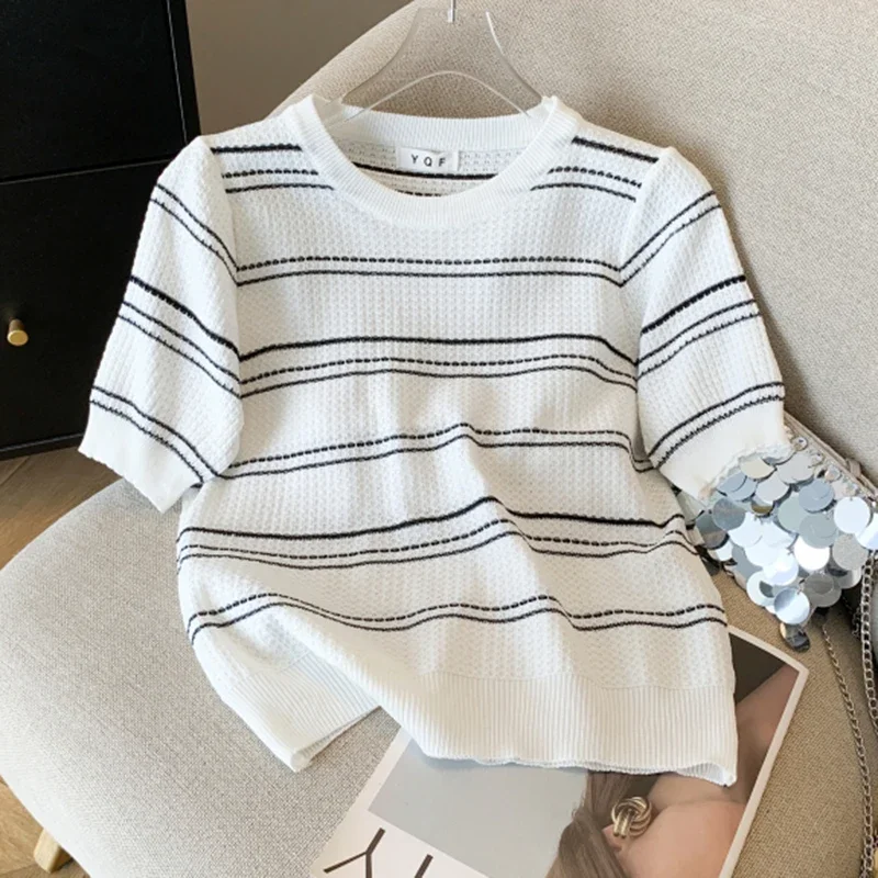 

Pop Short Sleeve Knitted Tshirt For Women Summer Casual Striped O Neck T Shirt Korean Style Tops Female Camisetas