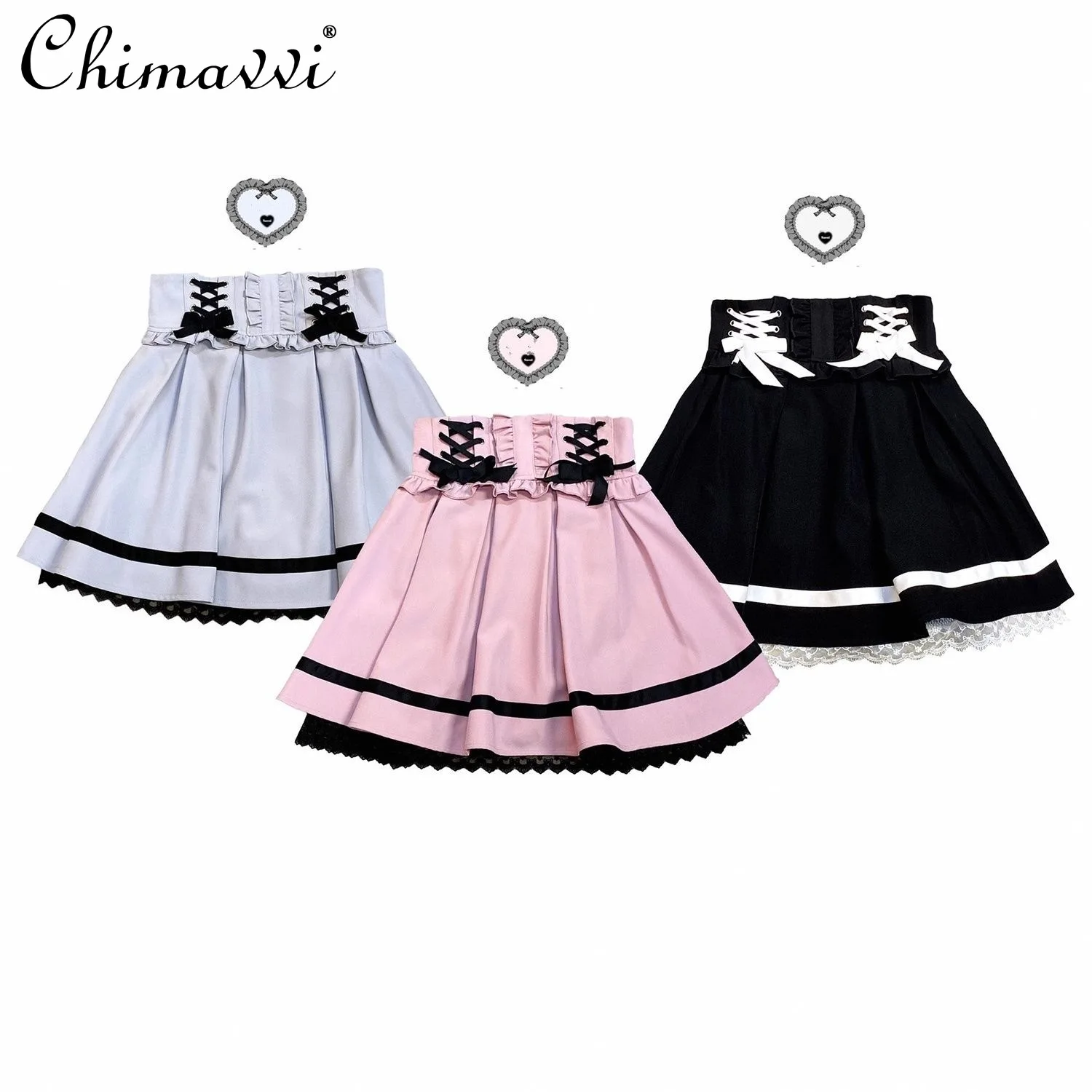 Fashion Girl Bow Lace-up Double-Layer Skirt Japanese Lolita Style Lace High Waist Slim-fit Above Knee Ladies Puffy Dress