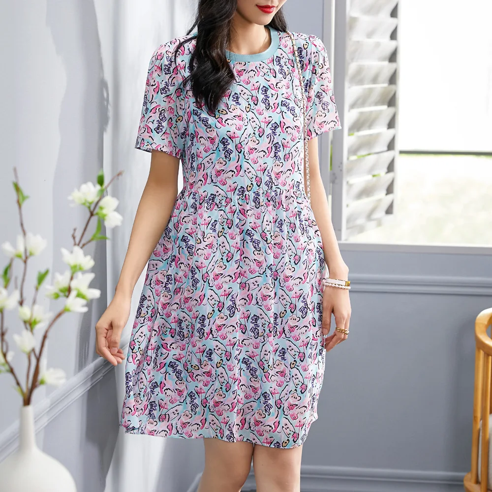 

Birdsky, 1PC Women mini loose dress rib collar short sleeve A line 100% real mulberry silk abstract print, S-706