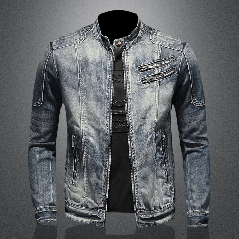 Vintage Plus-size Denim Jackets Men Casual Stand Collar Moto Biker Outerwear Coats Mens Fashion Zippers Motorcycle Streetwear