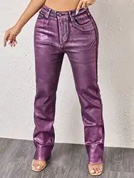 2024 new purple straight-leg high waist gilt slant pocket ladies jeans, high-stretch long women's wear and apparel