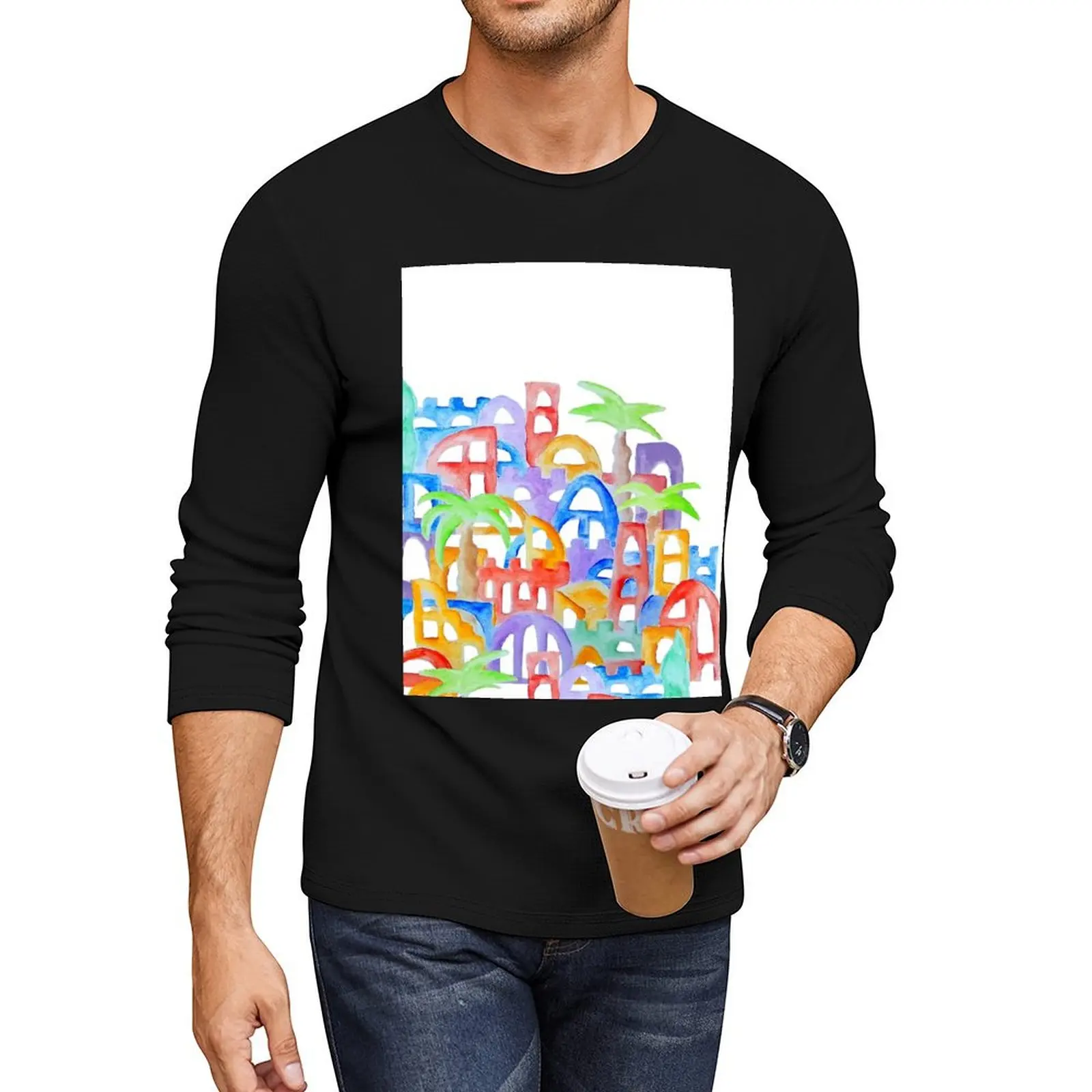 Colorful Oriental Watercolor City Cinque Terre Aquarelle Drawing Long T-Shirt sweat shirts mens t shirt