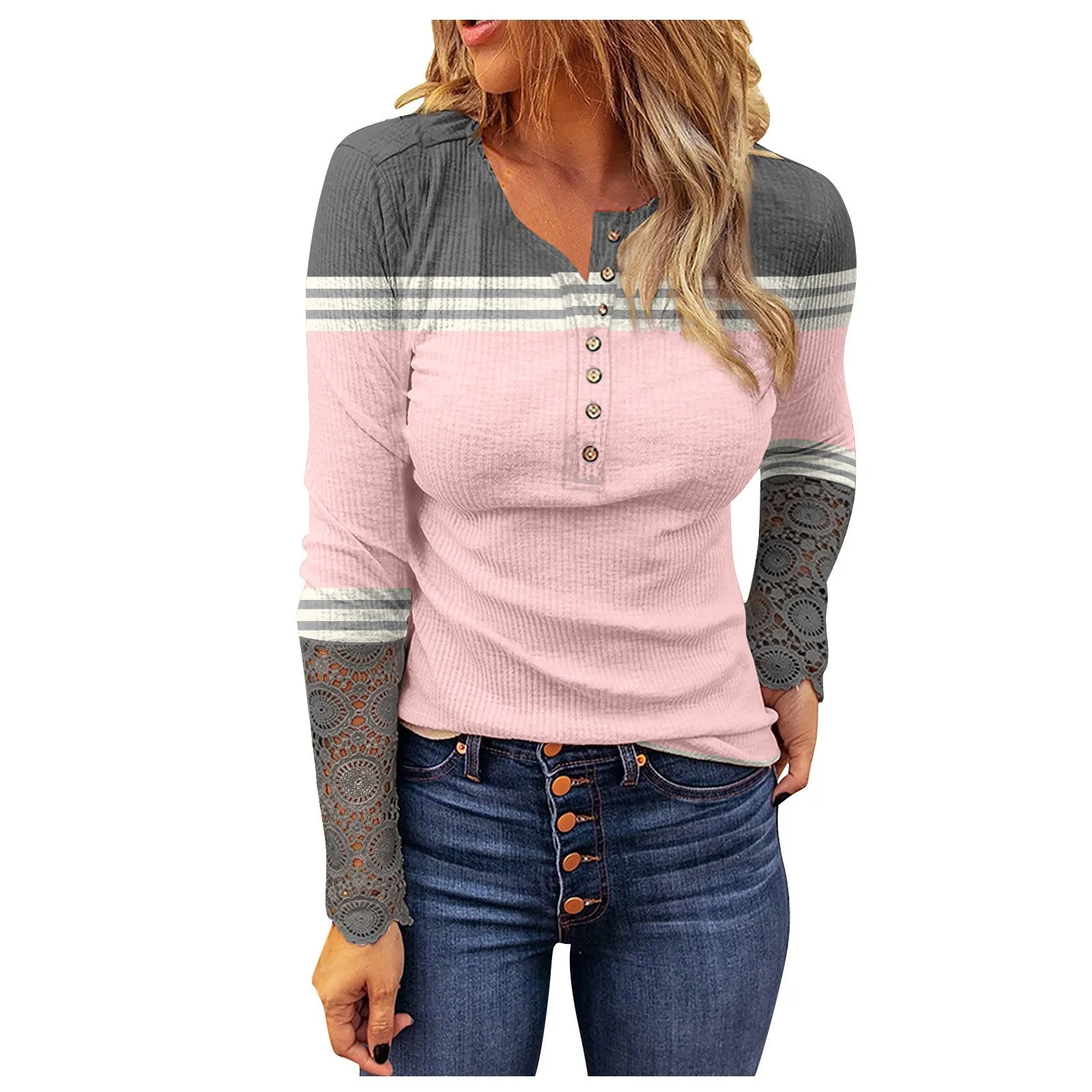 Striped Henley Shirt Women Fashion Long Sleeve Top Casual Button Down Blouse Autumn Trendy Loose Tunic Striped Henley Shirt T1