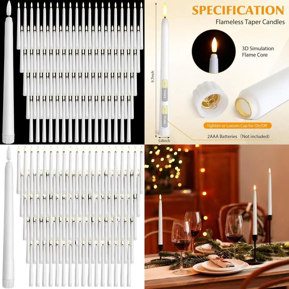 

9.7 Inch 100 Pack LED Battery-Powered Taper Candles with Realistic Flicker for Home, Dinner, Wedding, Church, and Christmas Deco