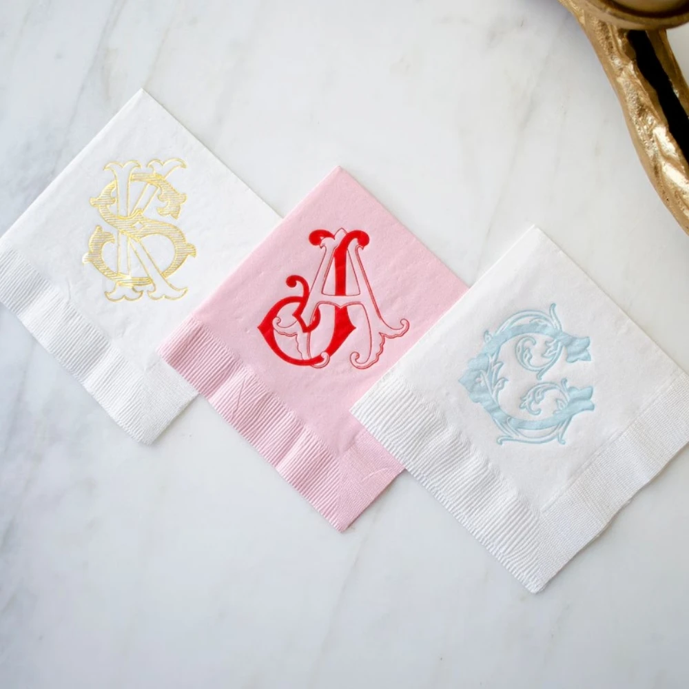 

50Pcs Personalized Wedding Cocktail Napkins -Interlocking Vintage Monogram Napkins, Rehearsal Dinner, Anniversary Party Luncheon