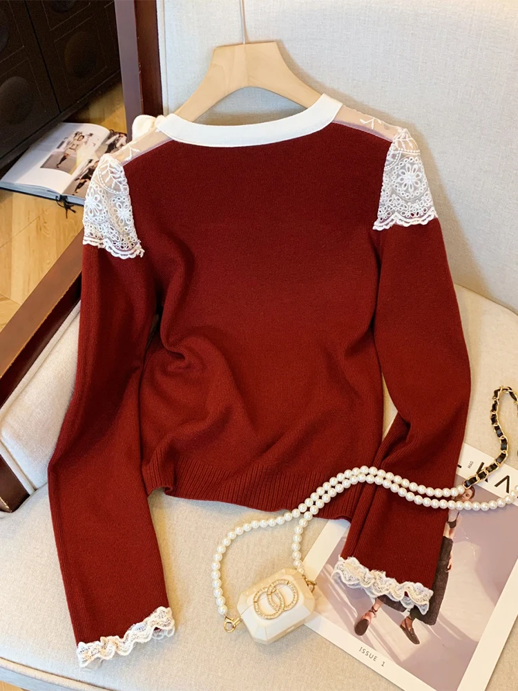 Women Christmas Red Pullover Cashmere Sweater Harajuku Korean Y2k Long Sleeves Lace Sweaters Jumper Vintage 2000s Clothes Autumn