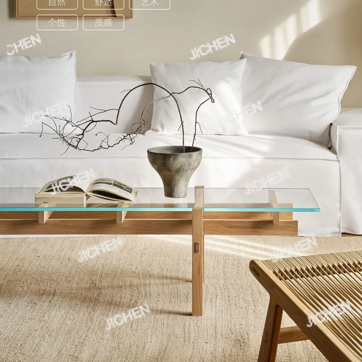 

HS Solid wood coffee table glass modern log wind living room small apartment simple tea table living room balcony bay window sma