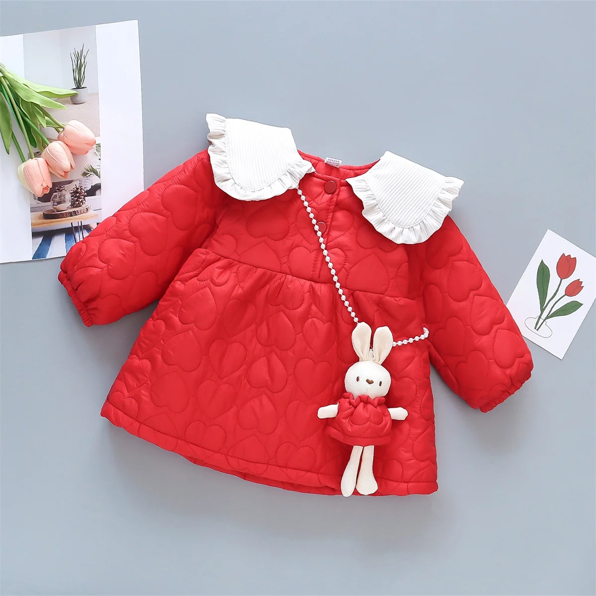 Winter Girl Baby Cute Rabbit Cartoon Cotton Coat Full Of Love Lace Doll Tie Small Accessories Solid Loose Sweet Cotton Coat