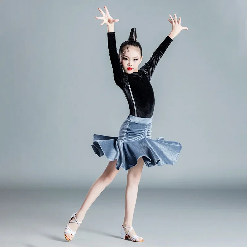 

Child Girls Latin Dance Dress Velvet Long Sleeve Professional Training Clothes Salsa Costume Ballroom Tango Top+Skirts 2PCS