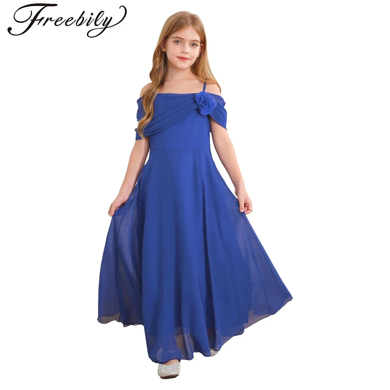 

Elegant Girls Chiffon Dress Flower Decor Party Gowns Off Shoulder Ruched A-Line Maxi Dress for Wedding Bridesmaid Birthday Proms
