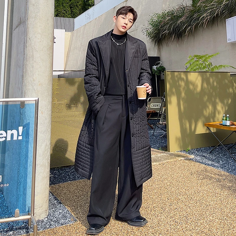 

Зимнее мужское длинное пальто выше колена, свободная хлопковая куртка, ветровка средней длины, костюм с воротником, полосатая верхняя одежда, корейский слей