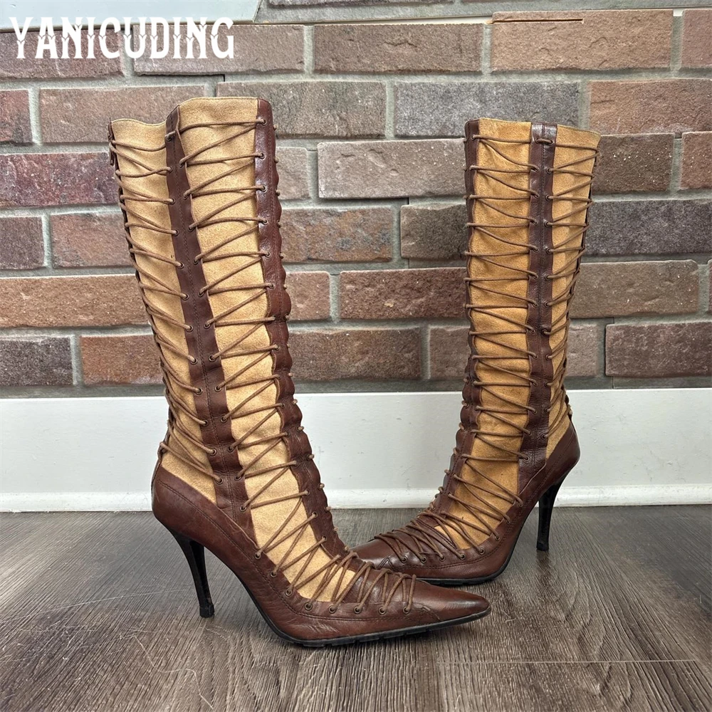 

Multiple Strap Knee High Boots Vintage Style Pointed Toe Stiletto Boots Black Brown PU Leather Zipper Boots for Women Customized