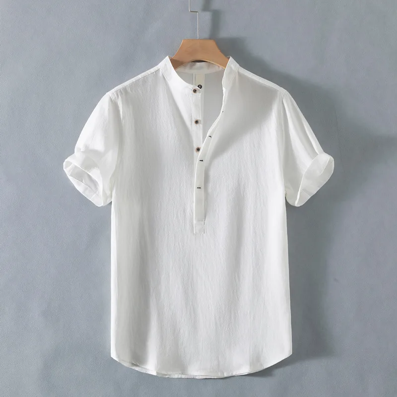 Summer Linen Short Sleeve Shirt Men's Stand Collar Loose Breathable Vintage Casual Half Sleeve Tee