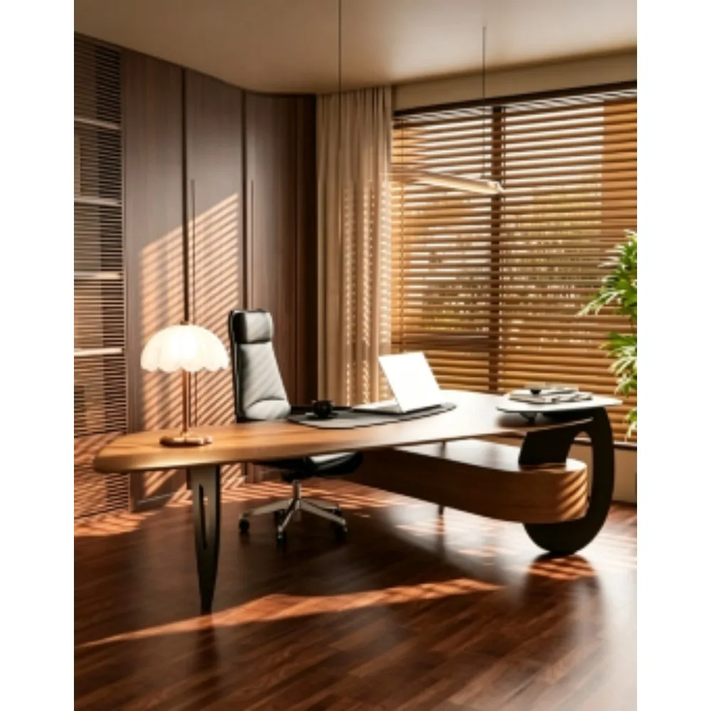 Premium Pine Wood Executive Desk Large Slab Manager Office Table with Metal Frame High-End Modern Home Office Workstation