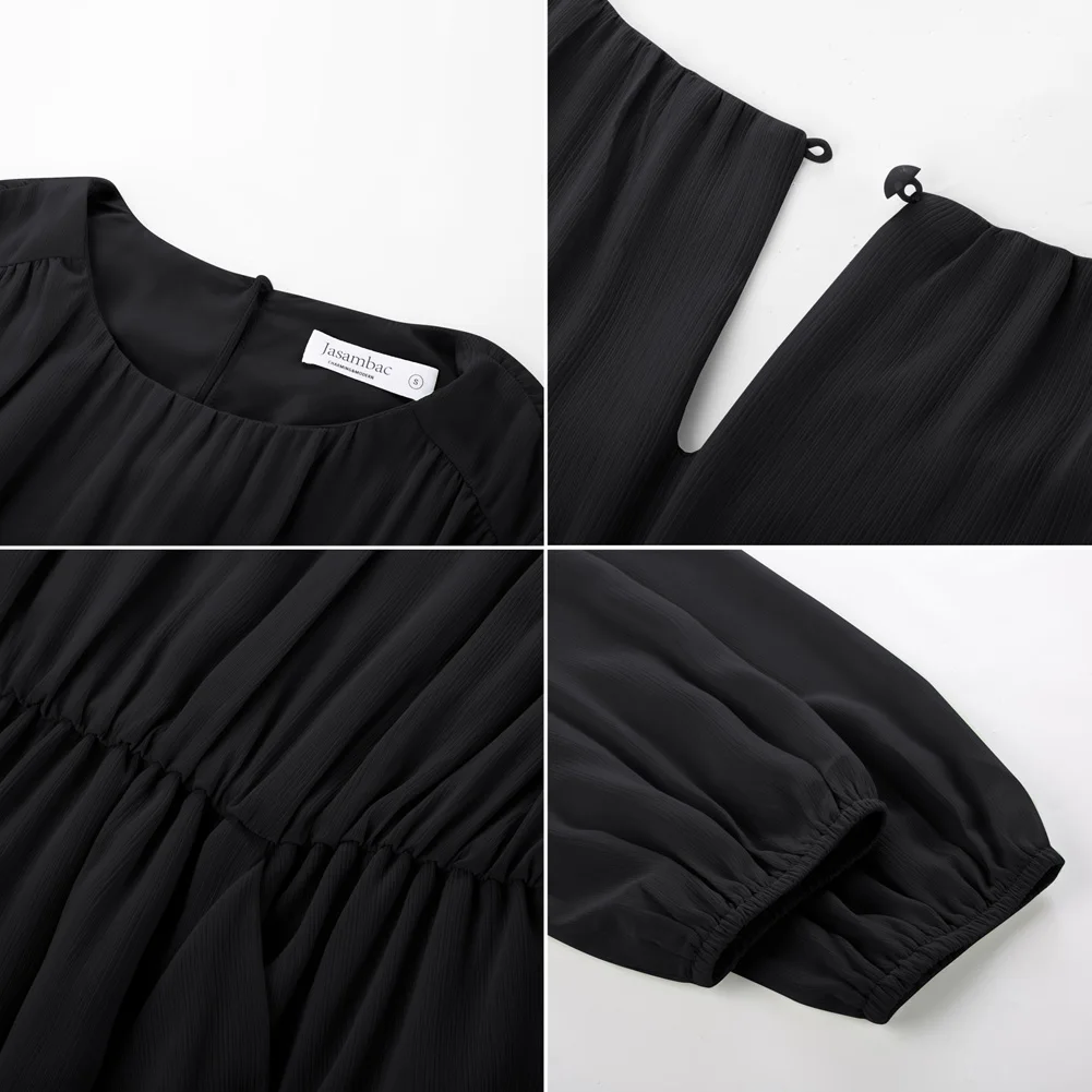 Jasambac Women Elastic Waist Dress Long Sleeve Crew Neck Ruched A-Line Dress