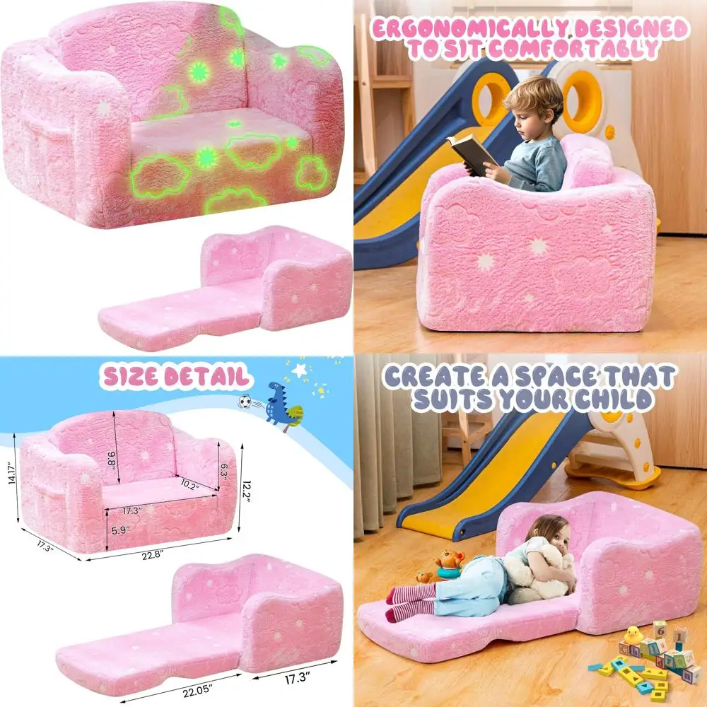 Glow-in-the-Dark Toddler Couch, Foldable Kids Sofa for Playroom, Convertible to Loveseat with Long-Lasting Comfort