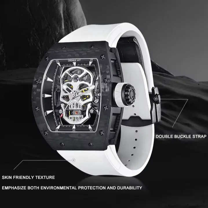 CRONUSART Men Automatic Watch 50mm Tonneau Luxury Mechanical Wristwatch Carbon Fibre Case Luminous Skeleton Skull Dial
