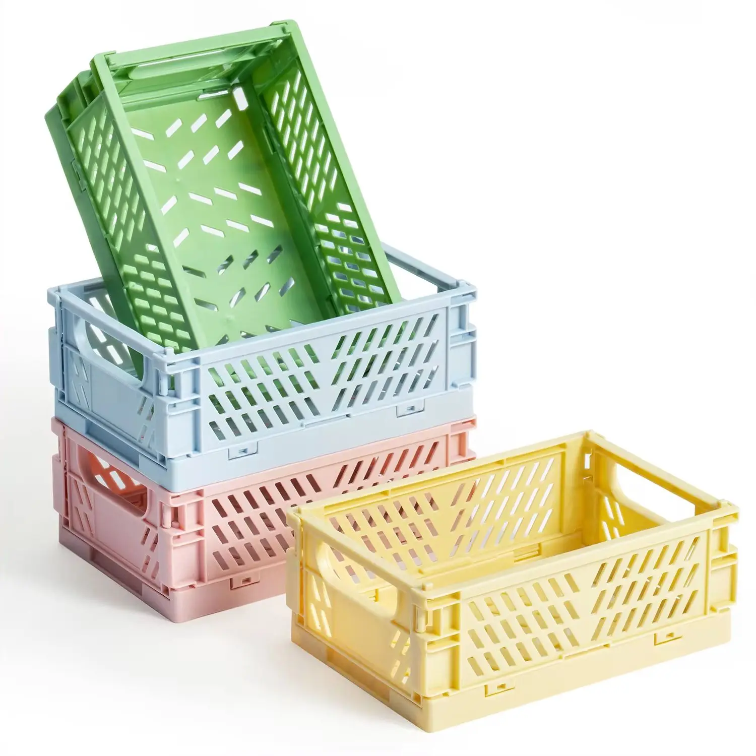 4Pcs Stackable Crates Decor Pastel Aesthetic Stacking Folding Baskets Tray with Handle for Kitchen Bedroom Desktop Organizer Box