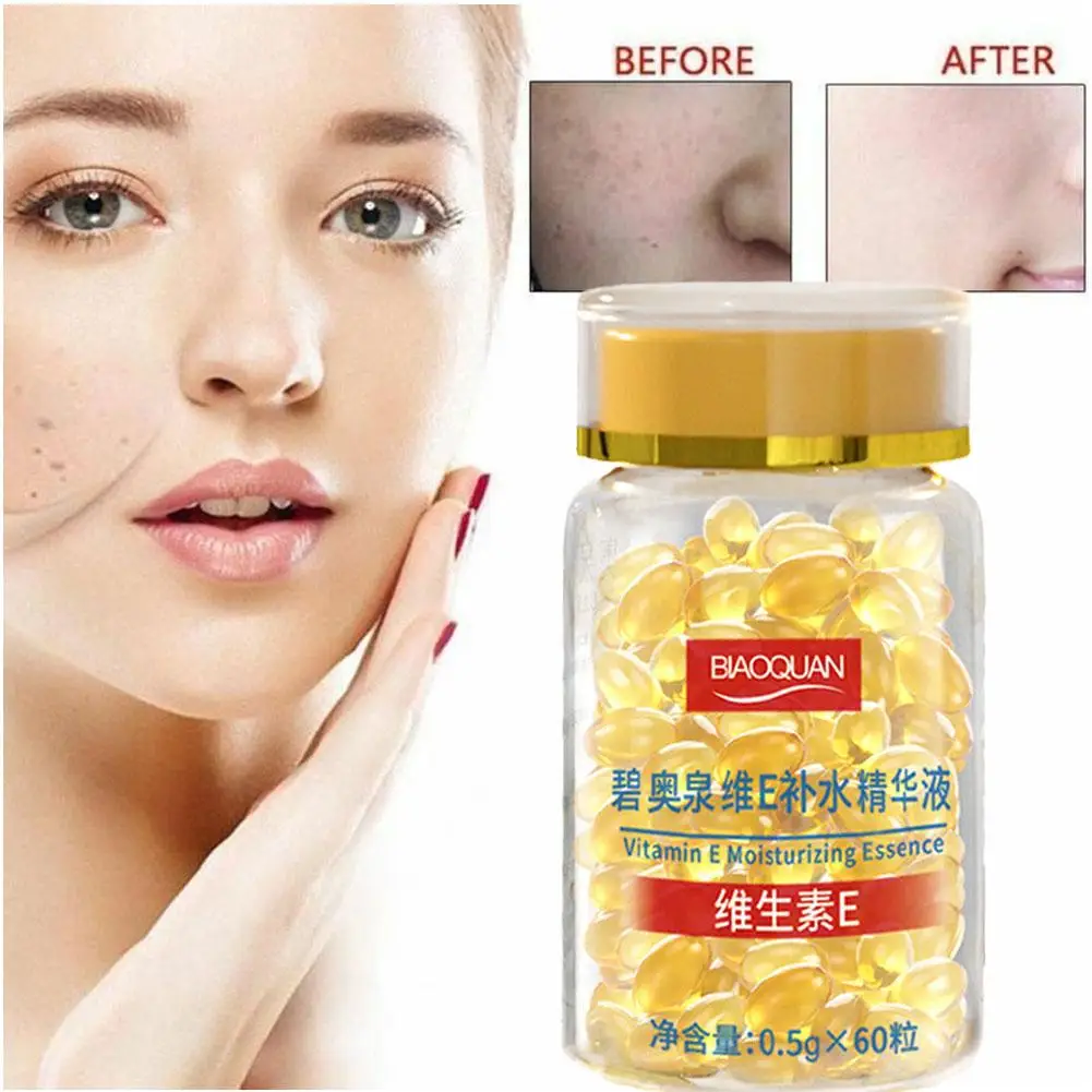 60pcs/bottle Vitamin E Soft Gel Capsules Serum Nutrition Moisturizing Whitening Freckle Face Care Serum Removal Spot Acne