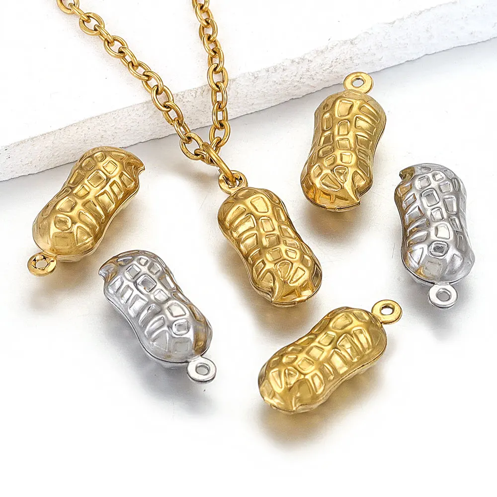 20pcs Stainless Steel Gold-plated Peanut Texture Pendants for DIY Necklace Earrings Parts Jewelry Making Supplies Wholesale