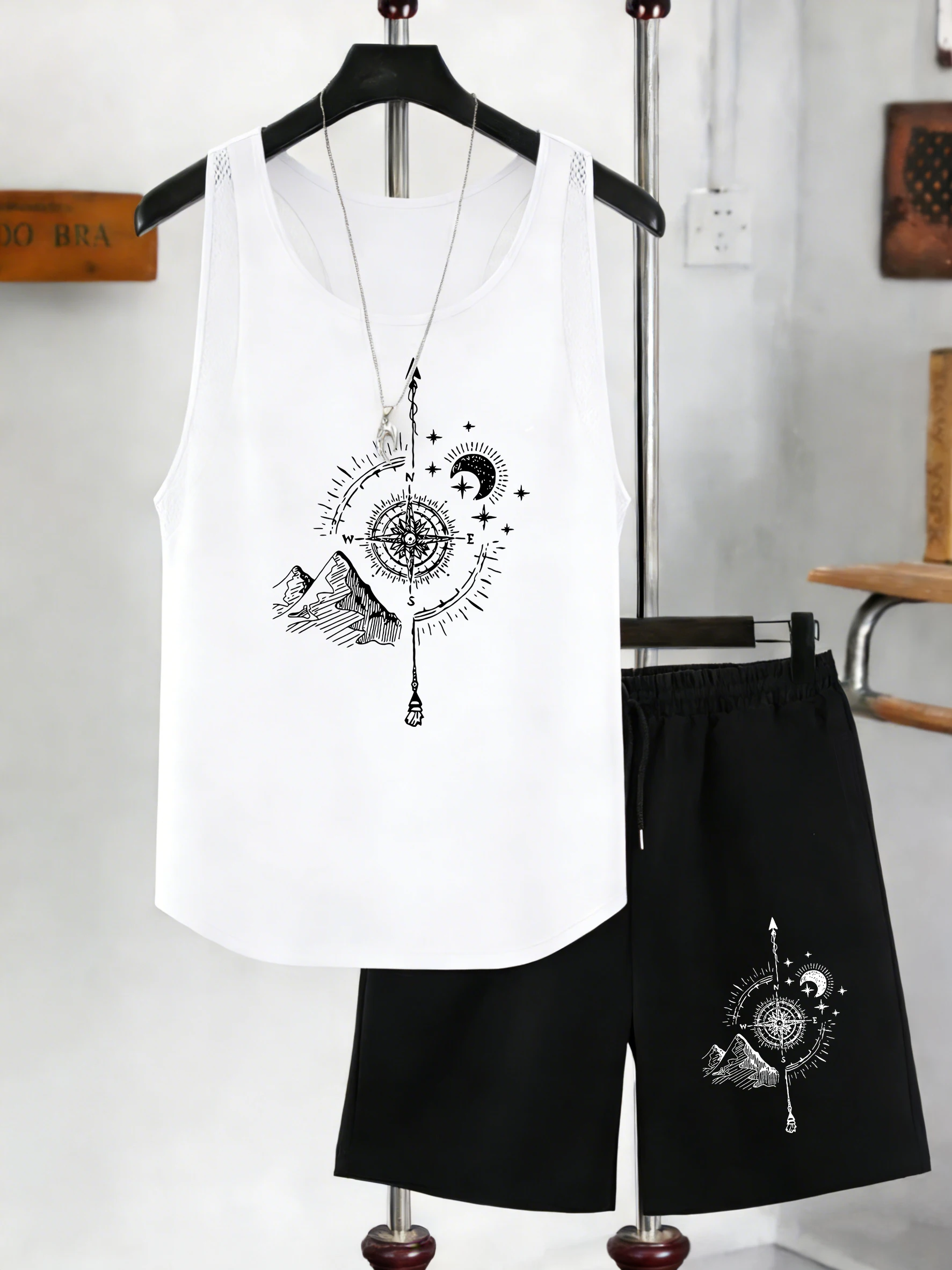 

Prayer For The Cross Design Mens Vest Sets Summer Drawstring Shorts Loose Sleeveless Mesh Tank Tops Wide-Leg Breathable Pant