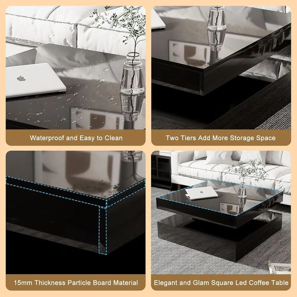 Contemporary 2-Tier Square LED Coffee Table with Storage for Living and Dining Rooms