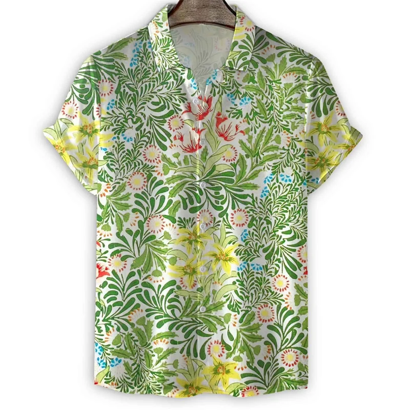 3D植物プリント、花、葉、花、半袖、特大のTシャツ、ストリートボタン、ラペルブラウス、トップス、夏の男性のレトロなハーピアンシャツ