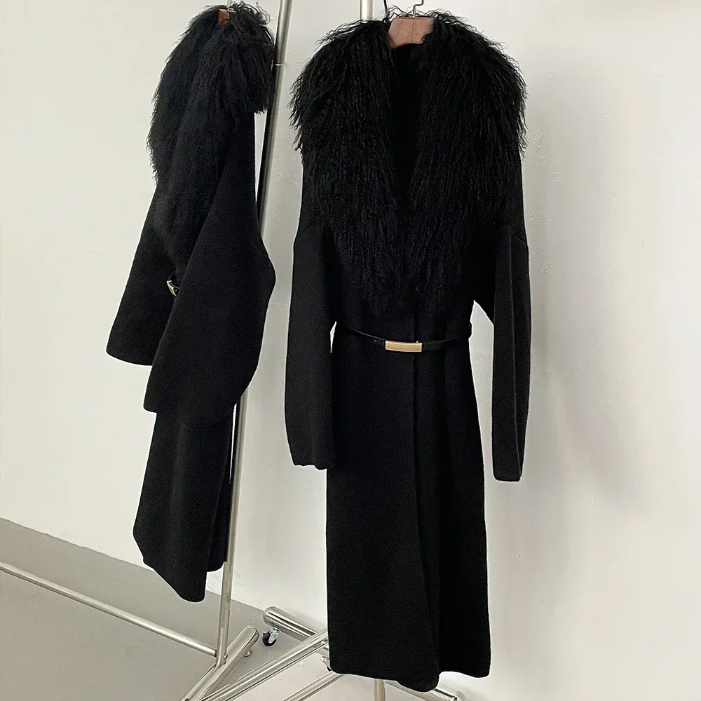 Pull Long tricoté avec ceinture pour femme, vêtement avec col en vraie fourrure de mouton de mongolie, Cardigan tricoté, printemps-automne