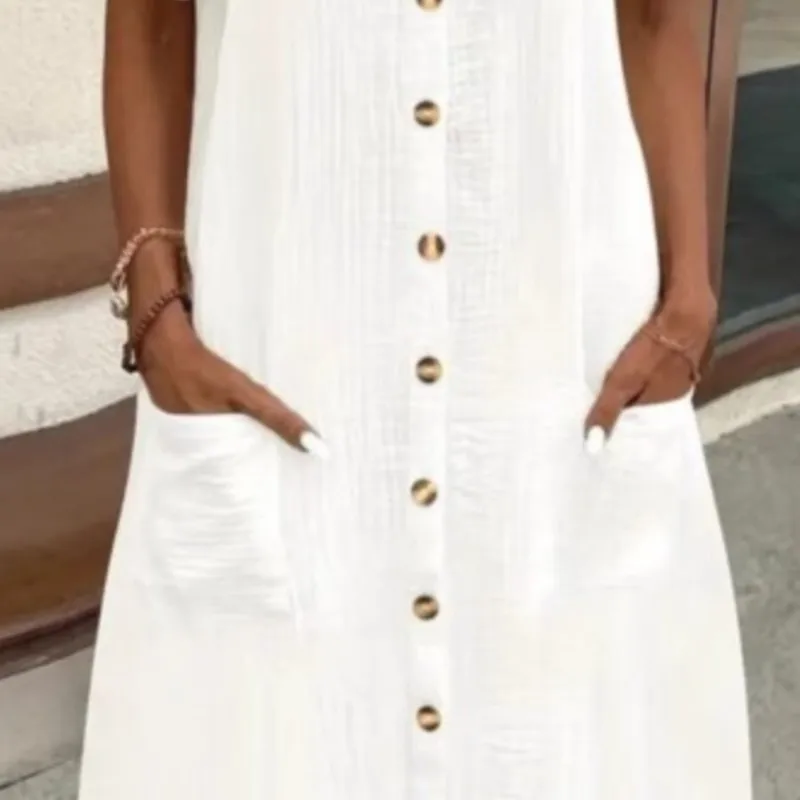 فستان ماكسي صيفي كاجوال بلون سادة بسيط ورقبة على شكل حرف V للنساء بأكمام قصيرة مع جيب فساتين قميص فساتين نسائية