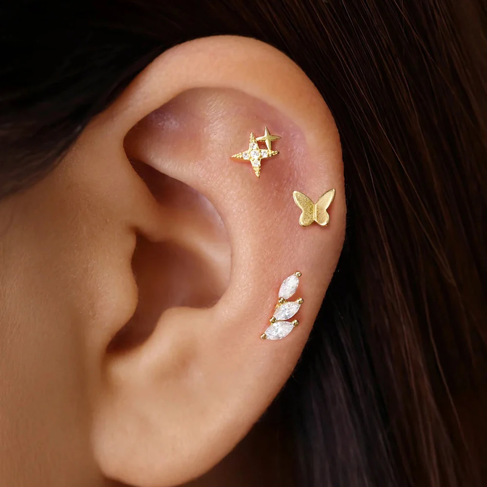 Ensemble de 3 paires de boucles d'oreilles en zircon scintillant pour femme, plaqué or 14 carats, motif papillon, bijoux minimalistes, accessoires de mode