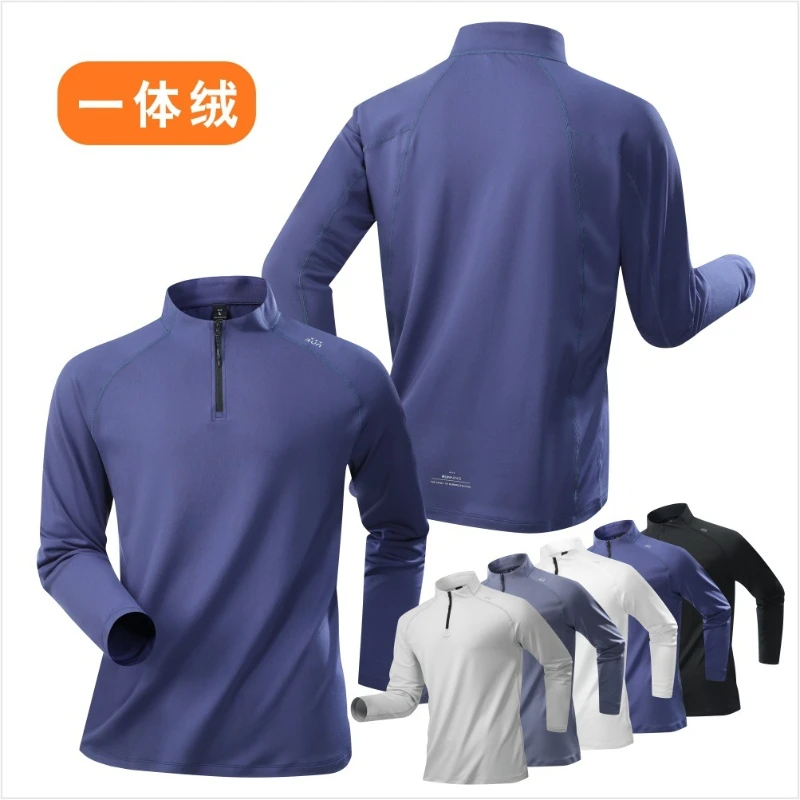 Autumn new stand up collar sports long sleeved T-shirt for men with plush loose half zipper outdoor running and fitness