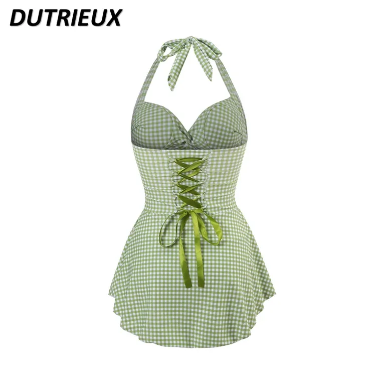 Lindo traje de baño de una pieza para mujer 2024 nuevo Popular japonés dulce chica traje de baño de primavera caliente a cuadros Halter ropa de playa