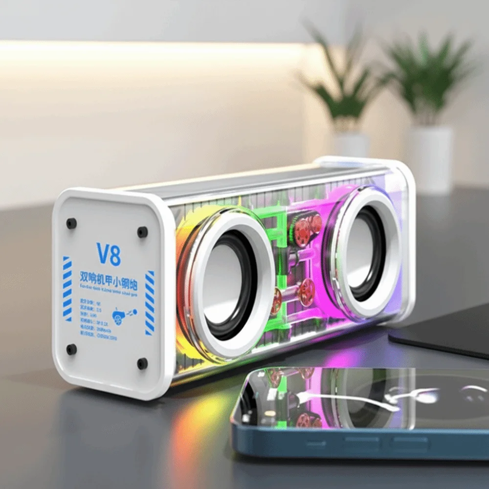 

Bluetooth 5.0 V8 Transparent Mecha Speakers Double Bass Diaphragm TWS Stereo Wireless Double Bass 1800mAh Battery RGB Light