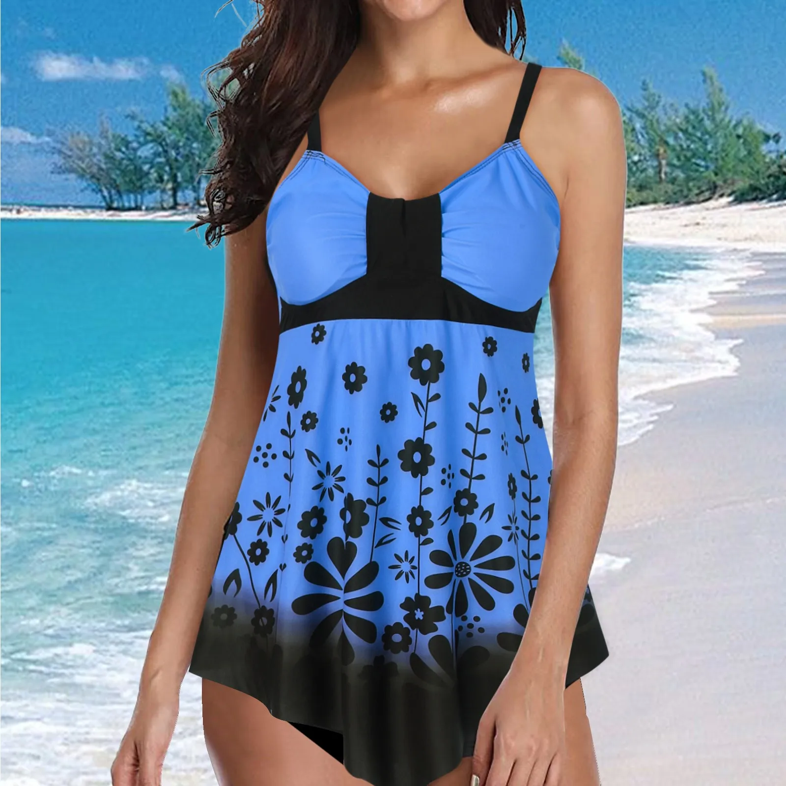 Robe de bain fendue imprimée pour femmes, ensemble de vêtements de maillot de bain, tankini imprimé conservateur, maillots de bain d'été, vêtements de plage