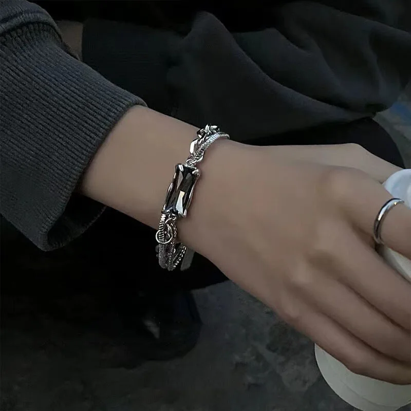 

2025 New Style Silver Color Heavy Industry Double Layer Twist Black Square Zircon Bracelets for Women HipHop Fine Jewelry Gift