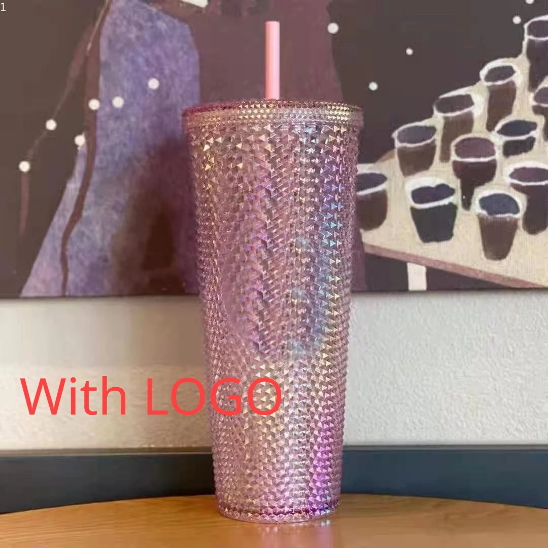 Hot 710ML Straw Cup Double Layer Plastic Durian Cup Plastic Coffee Cup Brilliant Diamond Starry Sky Straw Cup Cross border