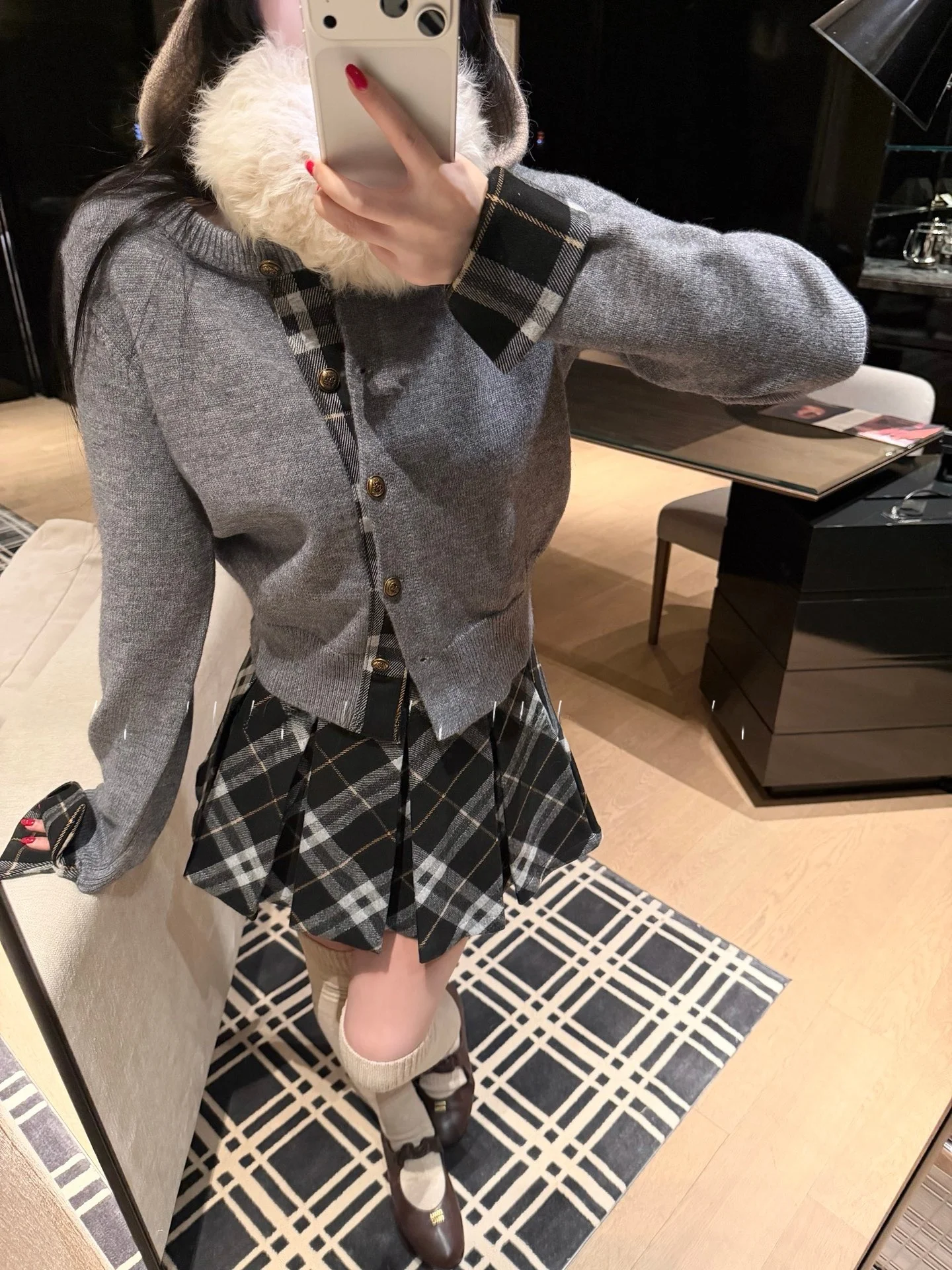 

Seoul Limited Edition Checkered Knitted Cardigan And Kaki Skirt Set Girls Pre-Arrangement Long Sleeve round Neck Coat