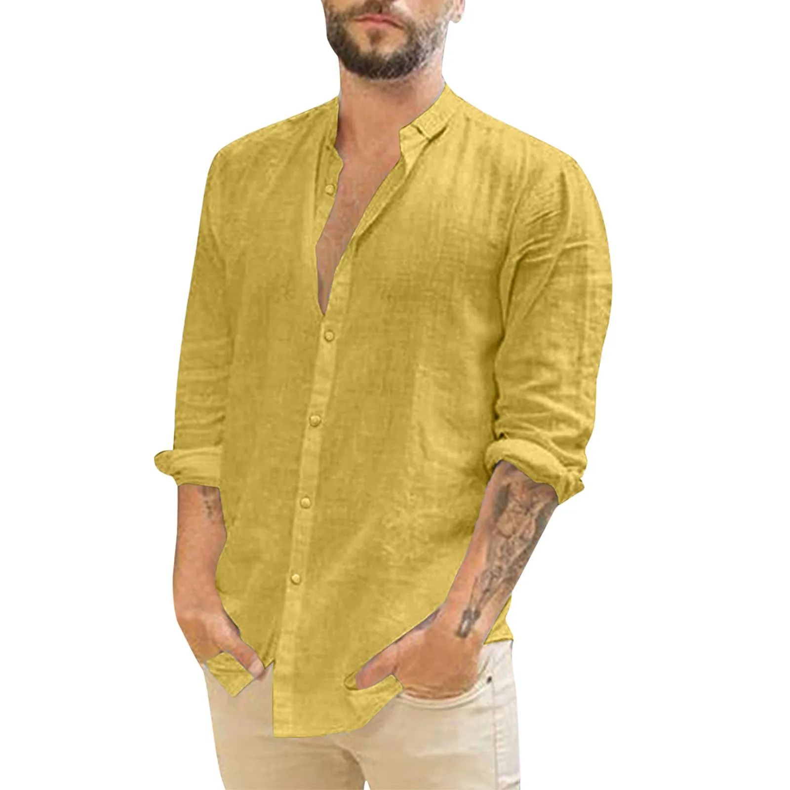 Cotton Linen Green Shirt Men\'S Long-Sleeve Shirts Summer Solid Color Stand-Up Collar Casual Beach Style Blouse Plus Size Chemise