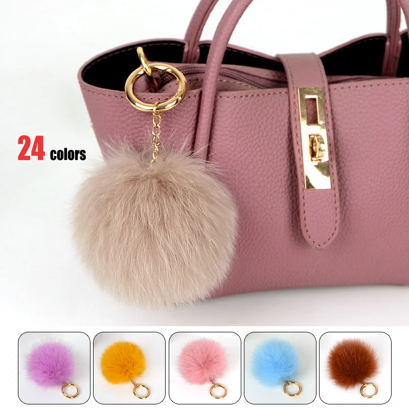 Real Large Fox Fur Pompom Keychain Fluffy Pom Pom Ball Pendant Women Charm Bag Car Keyring