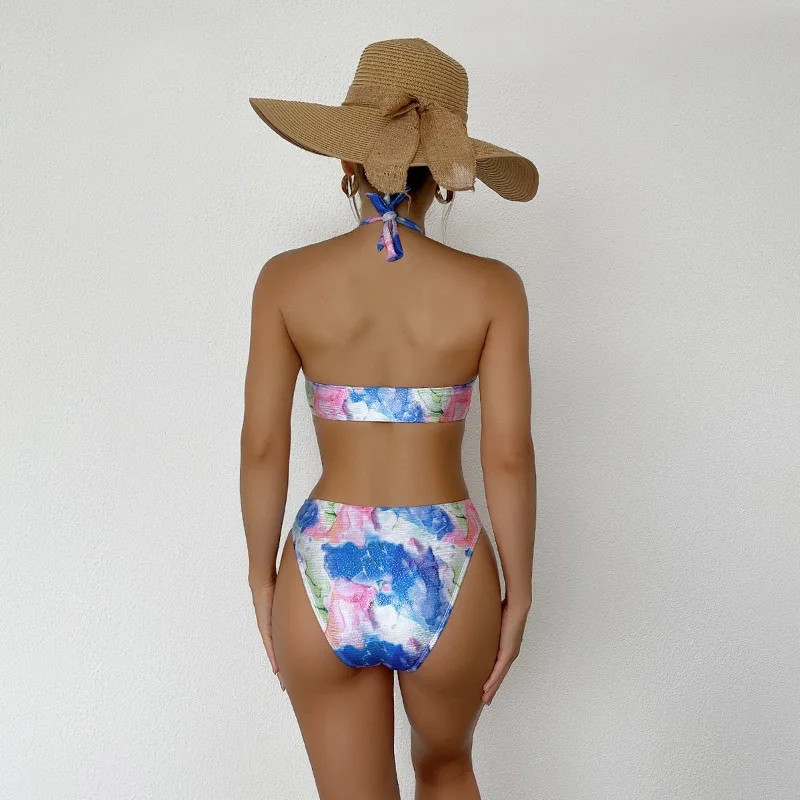 New Sexy Bathing Suit Halter Swimsuit Women One Piece  Cut Out Swimwear High Leg Bikini Floral Printing Monokini Female Bodysuit