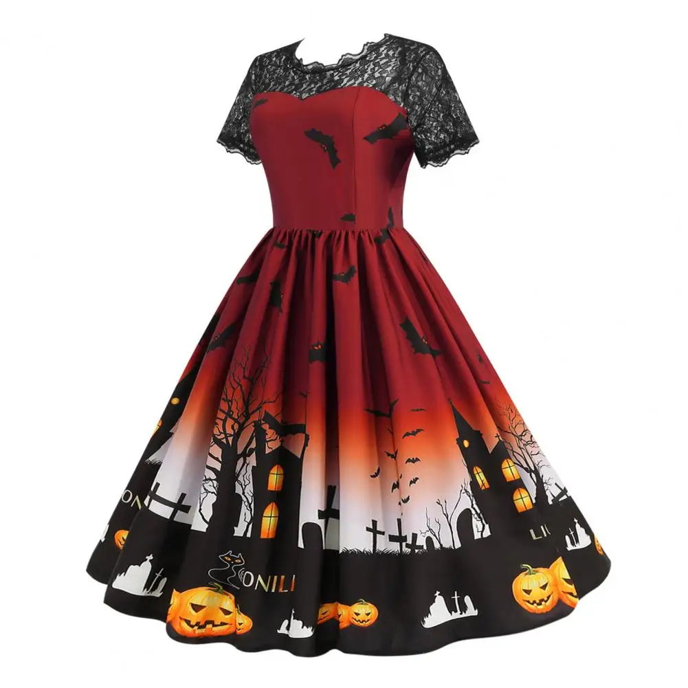 Women Halloween Party Dress Hollow Lace Round Neck Retro Big Hem Haunted House Bat Printed Short Sleeves Cosplay Evening Dress