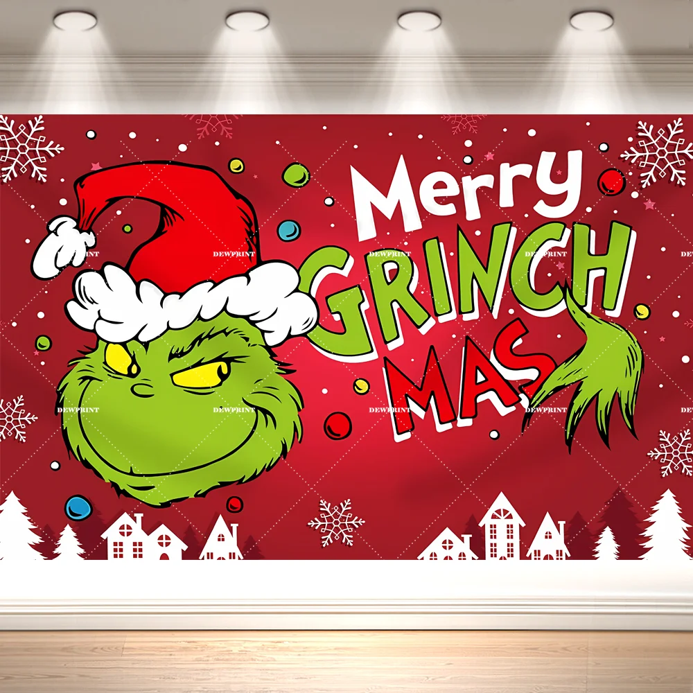 Dewprint The Grinch Christmas Party Backdrop Cartoon Green Monster Xmas Snowflake Themed Holiday Banner Home Wall Decor Supplies